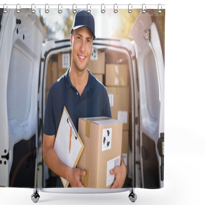 Personality  Delivery Man Standing In Front Of His Van Shower Curtains