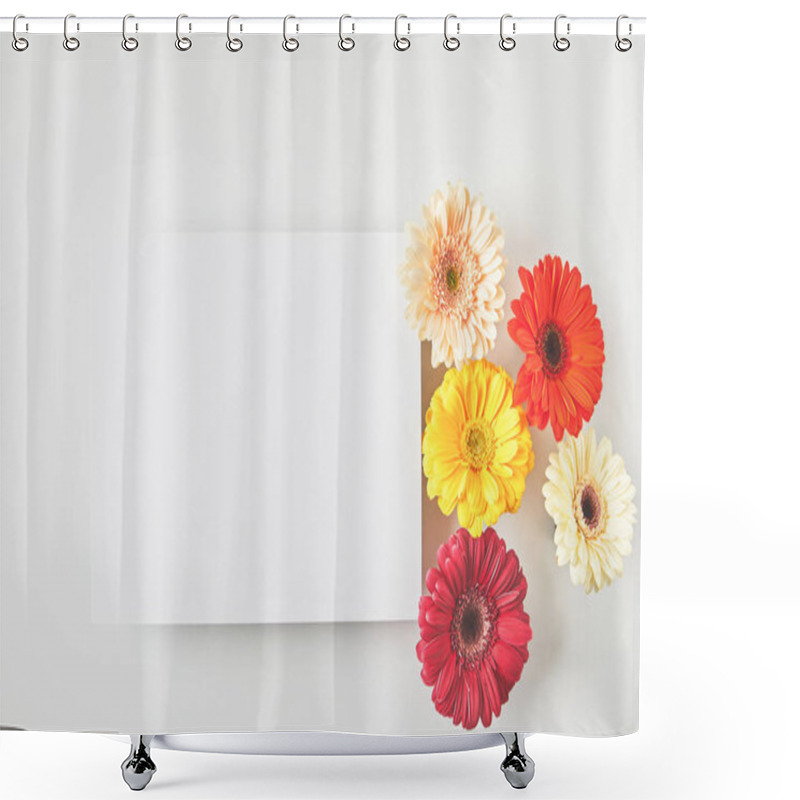 Personality  Top View Of Blank Card And Beautiful Tender Gerbera Flowers On Grey  Shower Curtains