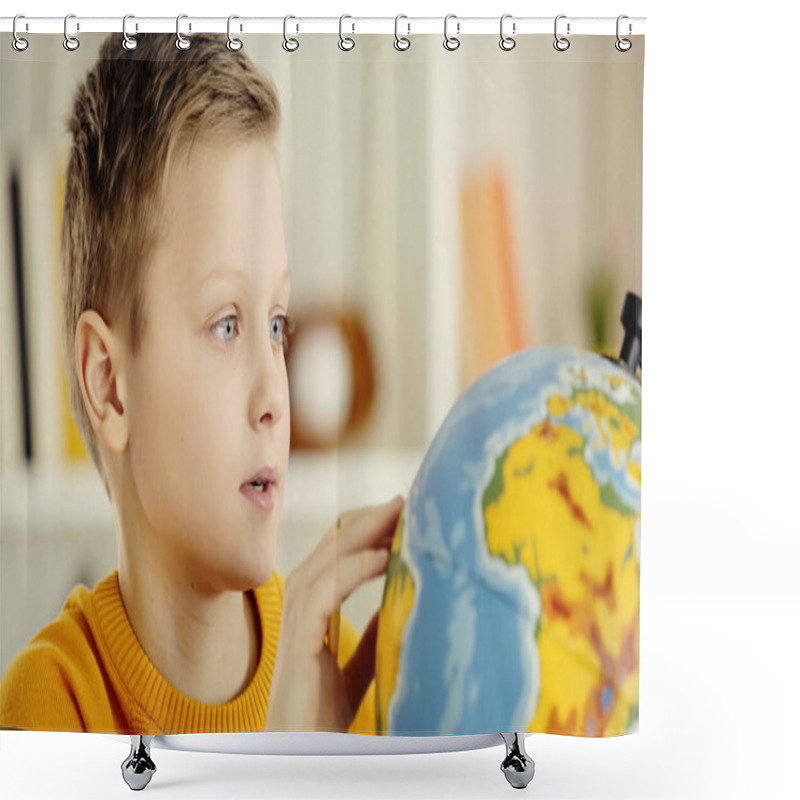 Personality  Schoolboy With Blue Eyes Looking At Globe While Exploring World  Shower Curtains