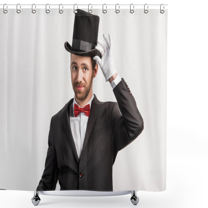 Personality  Handsome Happy Magician Adjusting Hat, Isolated On Grey Shower Curtains