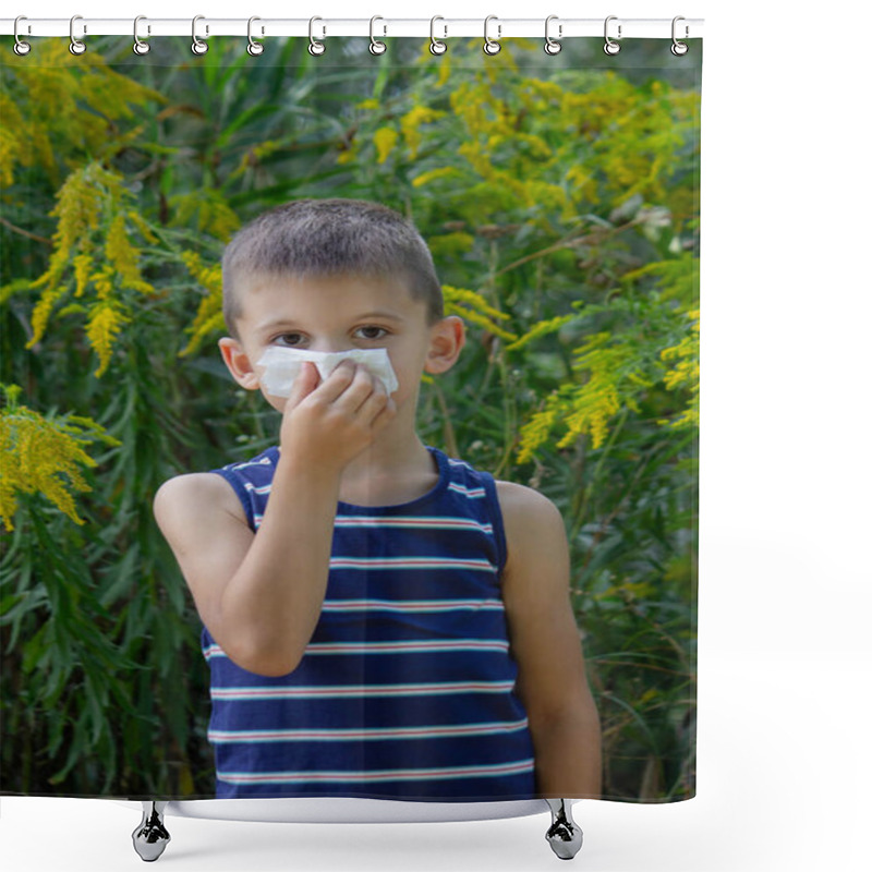 Personality  Child Sneezing Outdoors Near Goldenrod Plants, Seasonal Allergy Concept. Shower Curtains