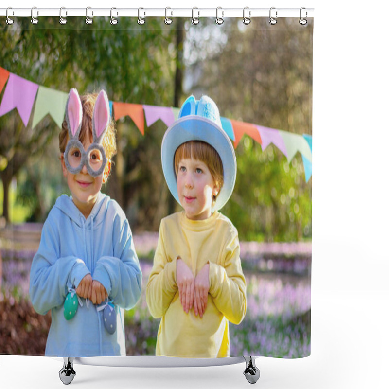 Personality  Two Cute Child Boys With Rabbit Ears On The Head At An Easter Party In The Park. Bunny Funny Costume. Shower Curtains