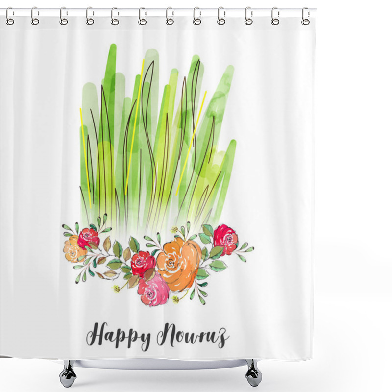 Personality  Watercolor Effect Rose Flowers With Leaves And Sabzeh (Grass) On White Background For Happy Nowruz. Shower Curtains