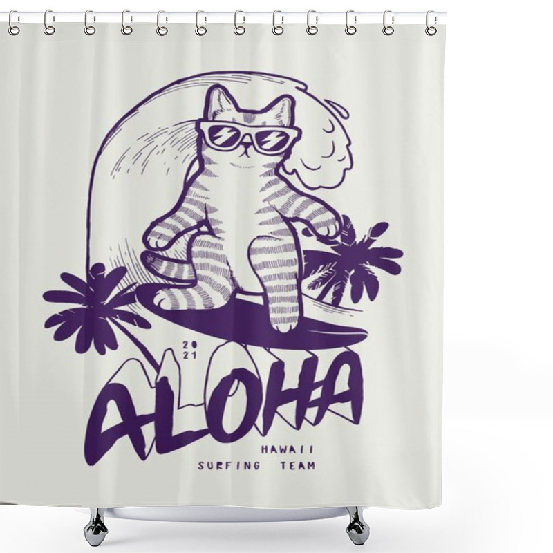 Personality  Cat Surfing. Cute Pet Character Wearing Sunglasses Surfing Wave. Aloha Palm Tree Summer Sports Typography T-shirt Print Vector Illustration. Shower Curtains