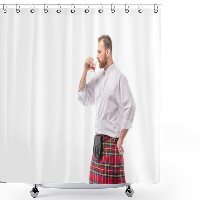 Personality  Scottish Redhead Man In Red Kilt Smelling Whiskey Isolated On White Shower Curtains