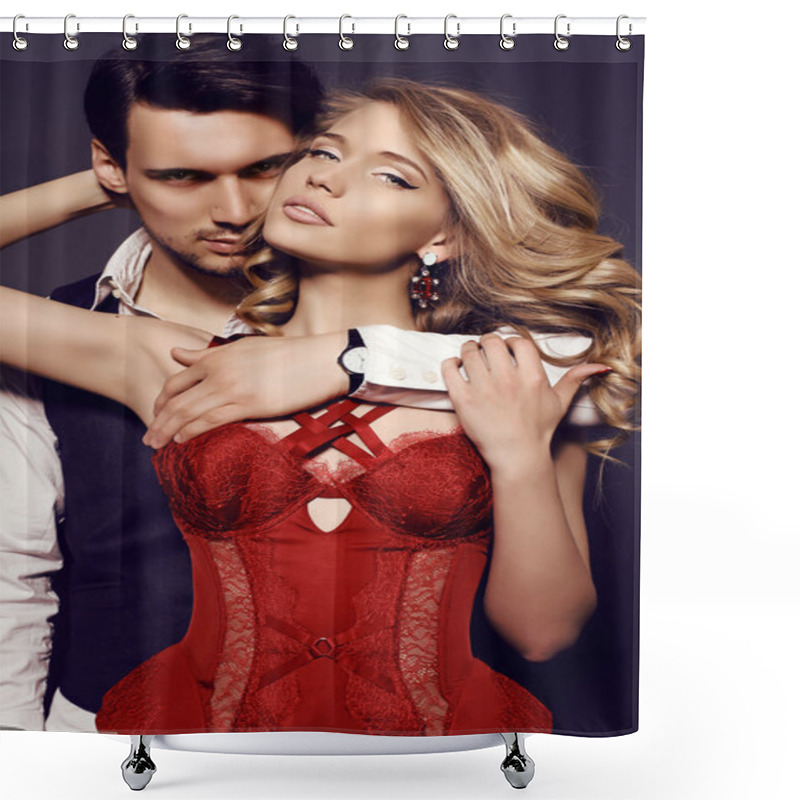 Personality  Beautiful Sensual Couple In Elegant Clothes Posing In Studio  Shower Curtains