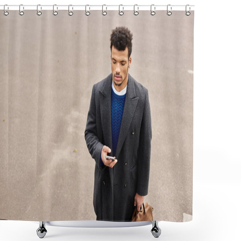 Personality  Confident Man In Fashionable Coat Engages With Smartphone While Strolling Along Quiet Street. Shower Curtains