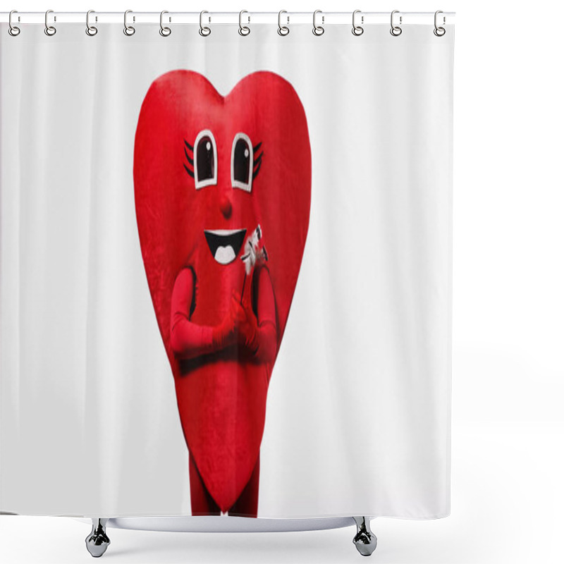 Personality  Person In Red Heart Costume Holding Stick With Feathers Isolated On White Shower Curtains