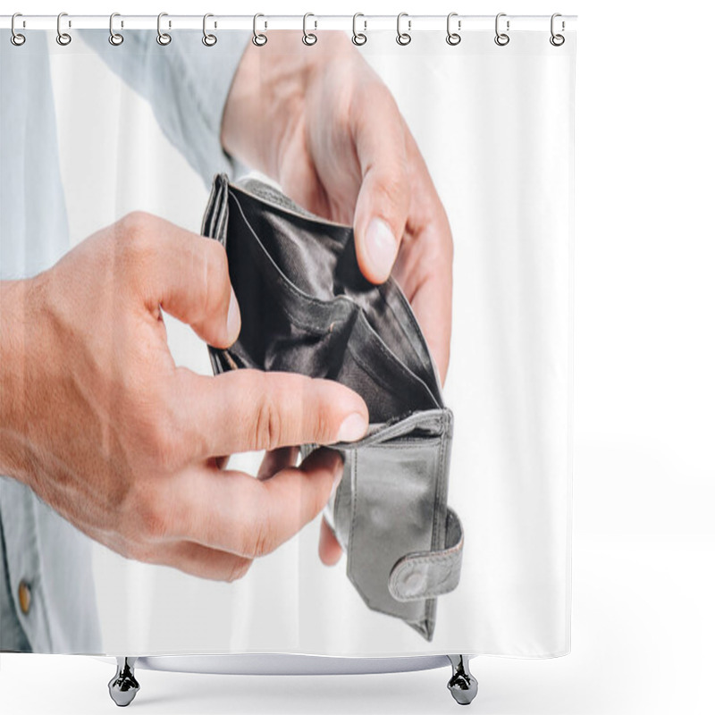 Personality  Cropped Image Of Man Opening Empty Black Purse Isolated On White Shower Curtains