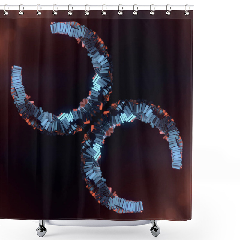 Personality  Symmetrical Composition Of Metal Rectangles Formed Into Half Rings On A Dark Background With Orange Light And Silver Glimmer. 3d Rendering Digital Illustration Shower Curtains