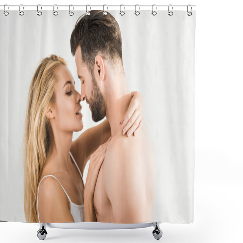 Personality  Romantic Young Couple Hugging At Home In Morning On White Shower Curtains