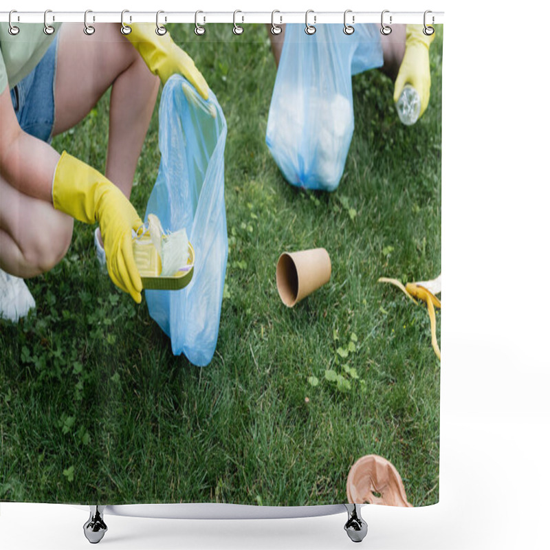 Personality  Cropped View Of Woman In Rubber Gloves Holding Tin Can And Garbage Bag Near Blurred Husband Outdoors  Shower Curtains