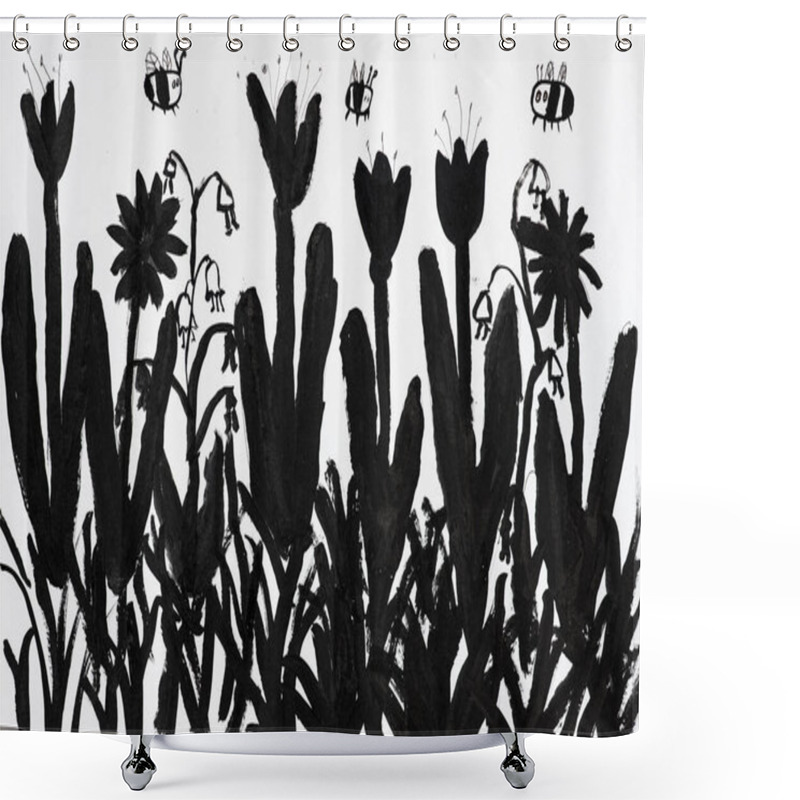 Personality  A Whimsical Black Ink Illustration Featuring Stylized Flowers And Buzzing Bees In A Garden Setting, Capturing Nature's Simplicity And Charm. Shower Curtains