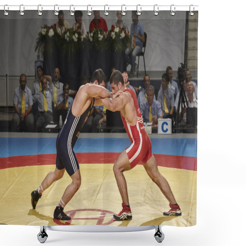 Personality  Bucharest, Romania -  July 27, 2011: Professional Wrestlers Grapple In An Intense Effort To Gain Control For The Takedown During Junior Wrestling World Championship Held In The Polyvalent Hall. Shower Curtains