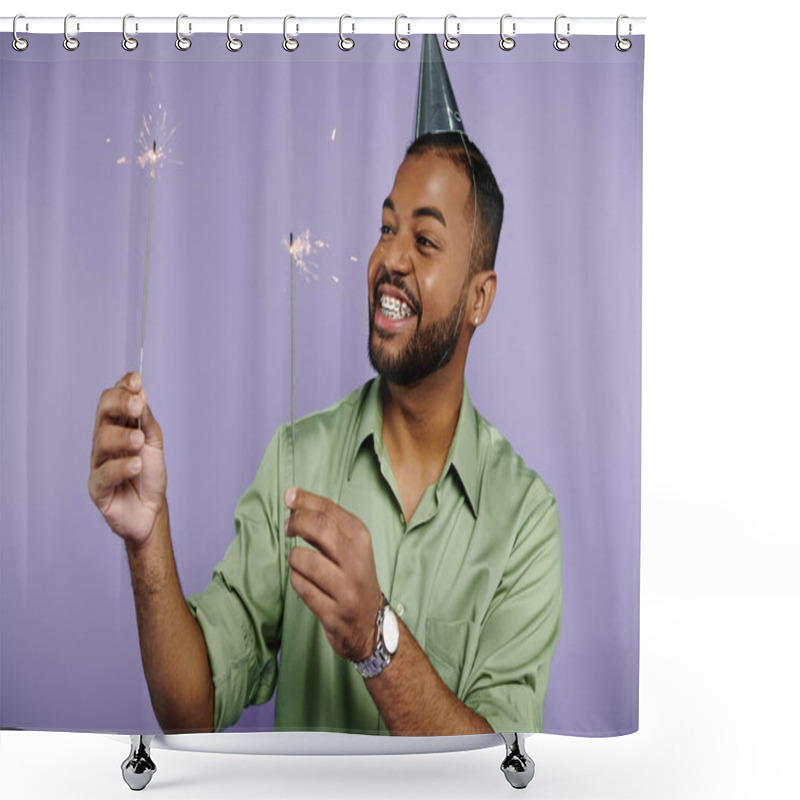 Personality  A Young African American Man In Braces Joyfully Holding Sparklers While Wearing A Party Hat On A Purple Background. Shower Curtains