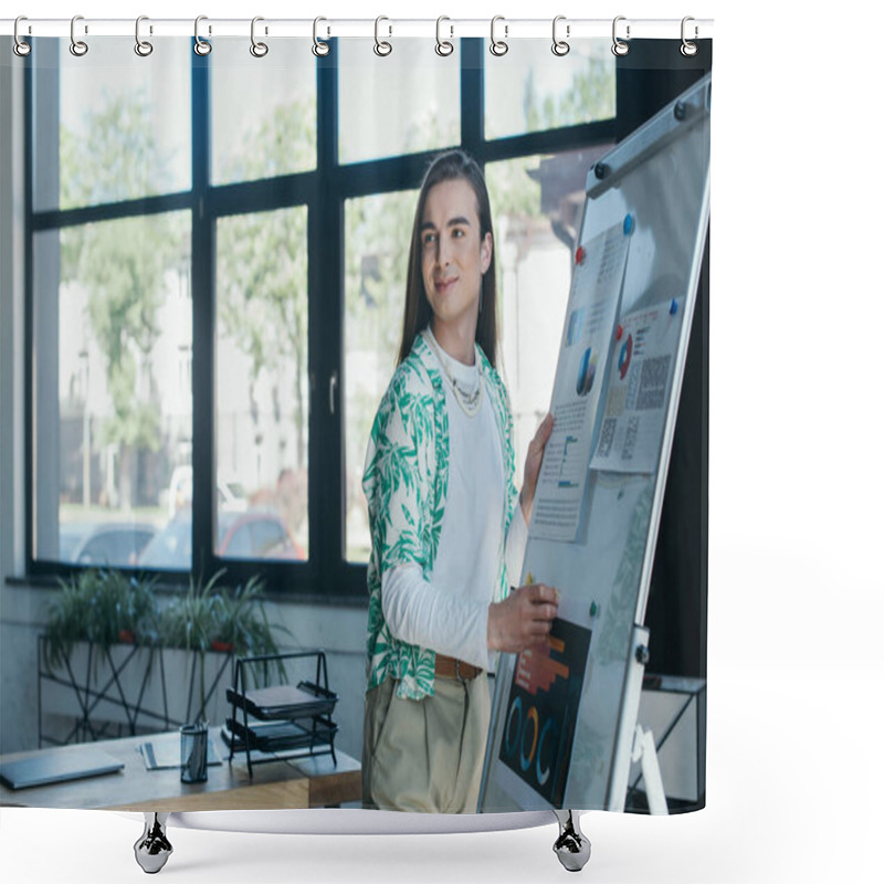 Personality  Smiling Queer Designer Standing Near Graphs On Flip Chart In Office  Shower Curtains