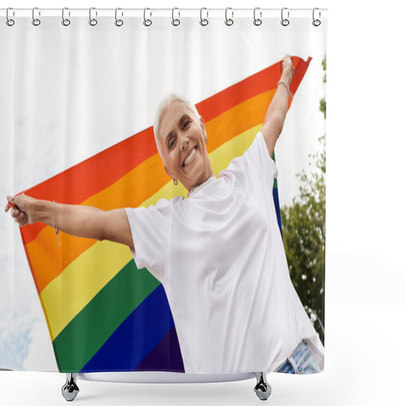 Personality  A Joyful Presence Embraces A Vibrant Rainbow Flag Against A Bright Sky. Shower Curtains