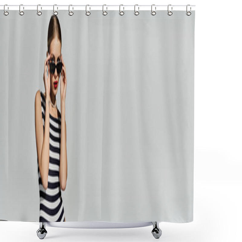 Personality  A Stylish Woman In A Black And White Striped Swimsuit Exuding Sophistication And Grace. Shower Curtains