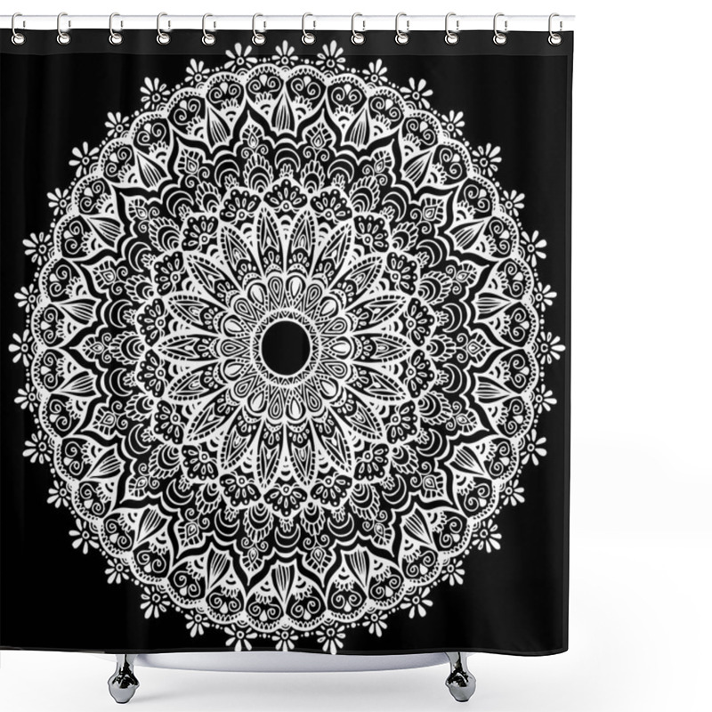 Personality  Oriental Mandala Lace. White Vector Arabic Pattern On Black Back Shower Curtains