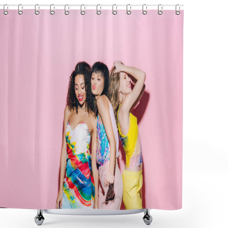 Personality  Beautiful Fashionable Multicultural Young Woman Dancing On Pink Shower Curtains