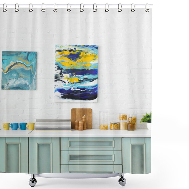 Personality  Modern White And Turquoise Kitchen Interior With Kitchenware And Abstract Paintings On Brick Wall Shower Curtains