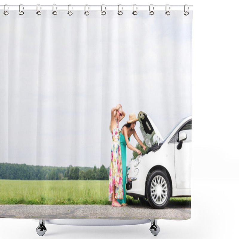 Personality  Friends Examining Broken Down Car Shower Curtains