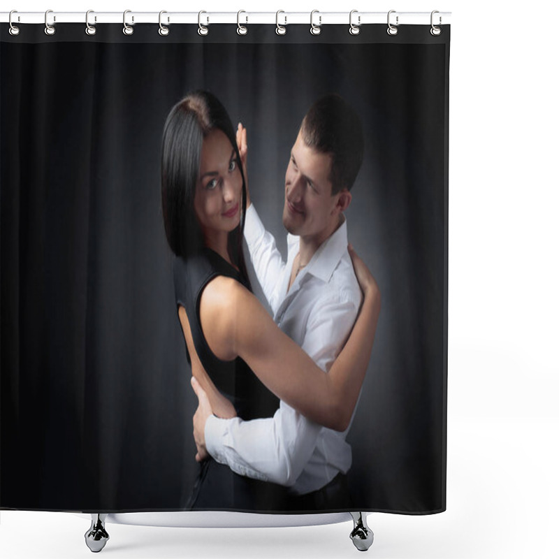 Personality  Young Beautiful Woman In Black Dress And Man In White Shirt Dancing Tango. Couple In Love Dancing In The Studio.  Copy Space. Shower Curtains