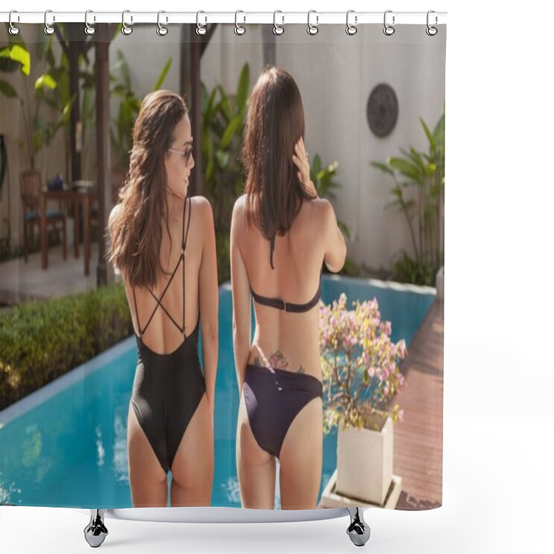 Personality  Rear View Of Beautiful Young Women In Bikini And Swimsuit At Poolside Shower Curtains