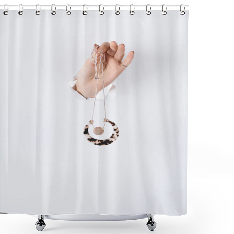 Personality  Cropped Image Of Woman Holding Hand With Beautiful Stylish Necklace Through White Paper Shower Curtains