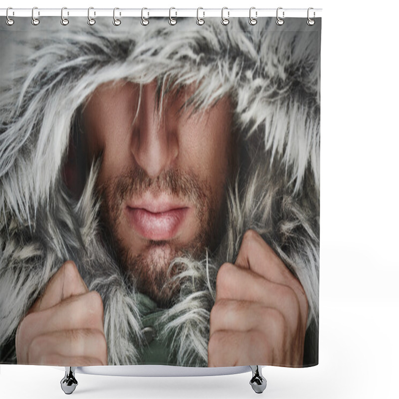 Personality  Brutal Face Of A Man With Beard Bristles And Hooded Winter Shower Curtains