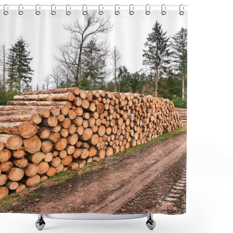 Personality  Boswachterij Ruinen, Drenthe, Netherlands: Large Pile Of Cut Timber Logs Stacked Along A Dirt Road In A Forestry Area In Winter, Surrounded By Evergreen Trees. Shower Curtains