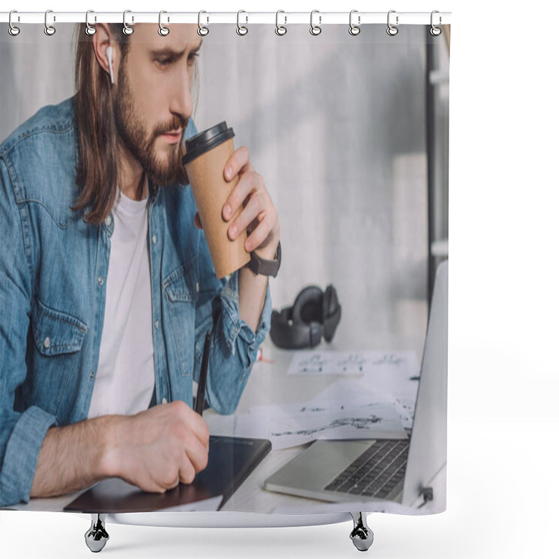 Personality  Bearded Of Animator In Wireless Earphones Holding Paper Cup  Shower Curtains