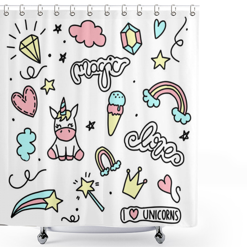 Personality  Unicorn And Magic Doodles. Cute Unicorn And Pony Collection With Magic Items. Hand Drawn Line Style. Vector Doodles Illustrations.  Shower Curtains