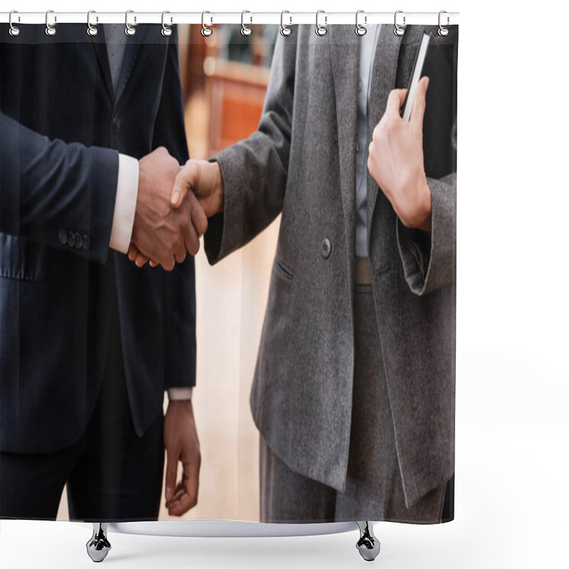 Personality  Partial View Of Businessman And Advocate Shaking Hands In Court Shower Curtains