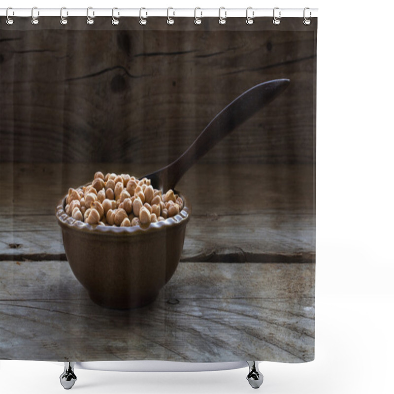 Personality  Chickpeas In A Small Brown Bowl With A Spoon On A Dark Rustic Wo Shower Curtains