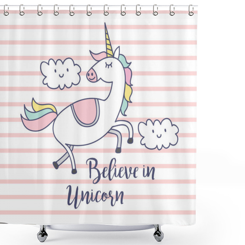 Personality  Unicorn T Shirt Design. Believe In Unicorn Text Shower Curtains