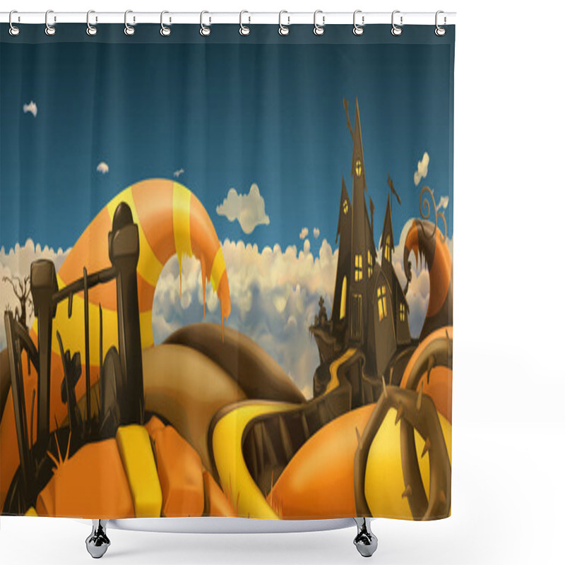 Personality  Halloween Background. Cartoon Landscape Panorama. 3d Vector Graphics Shower Curtains