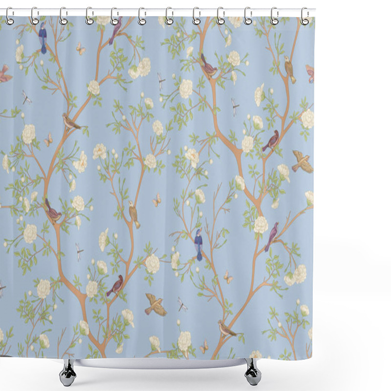 Personality  Camellia Blossom Tree With Sparrow, Finches, Butterflies, Dragonflies. Seamless Pattern, Background. Vector Illustration. Chinoiserie, Traditional Oriental Botanical Motif. Shower Curtains