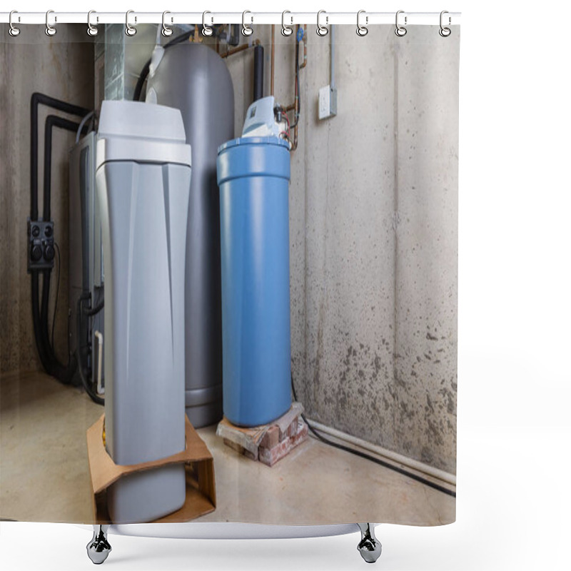 Personality  Old And New Water Softener Tanks In A Utility Room Shower Curtains