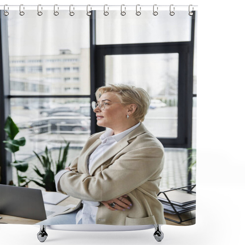 Personality  An Adult Woman In Chic Attire Stands Confidently, Contemplating Her Next Move In A Bright Office. Shower Curtains