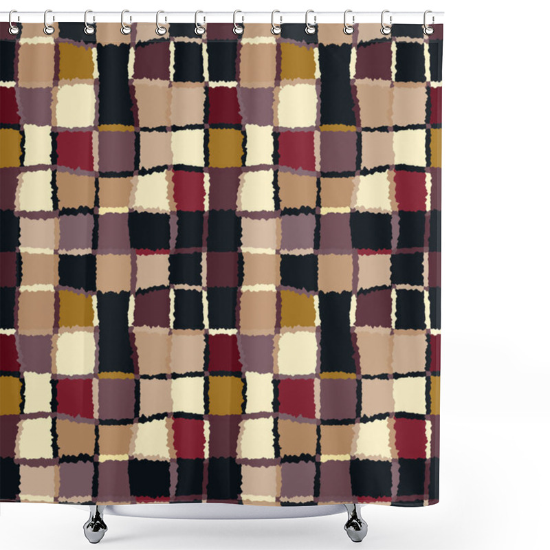 Personality  Seamless Geometric Mosaic Checked Pattern. Background Of Woven Rectangles And Squares. Patchwork, Ceramic, Tile Texture. Warm, Bright, Brown, Yellow, Vinous Colors. Winter, Coffee, Chocolate Theme Shower Curtains