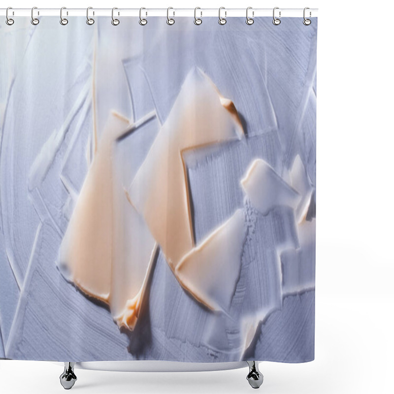 Personality  Close-up. The Decorative Texture Of The Cream, Blue And Beige, Is An Artistic Brushstroke. Curly Lines Shower Curtains