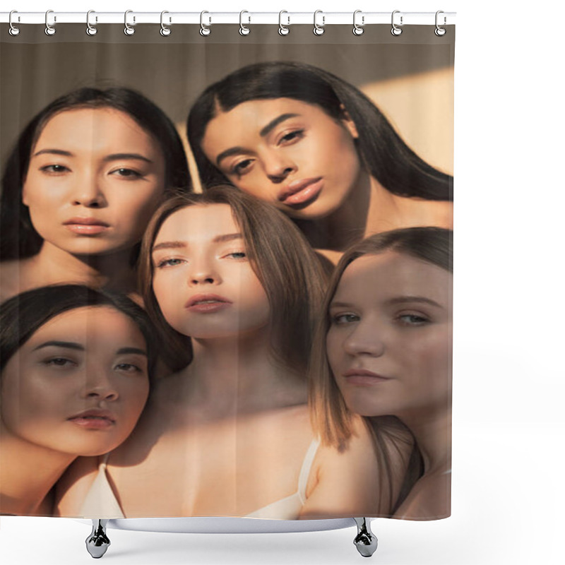 Personality  Five Attractive Multicultural Young Women Looking At Camera In Sunlight  Shower Curtains