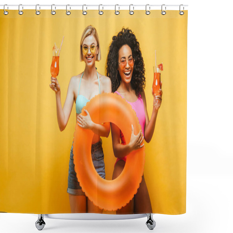 Personality  Young Interracial Women In Summer Outfit Holding Swim Ring And Cocktail Glasses On Yellow Shower Curtains