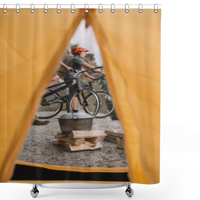 Personality  View Of Extreme Trial Bikers On Rocky Cliff Outdoors From Camping Tent Shower Curtains