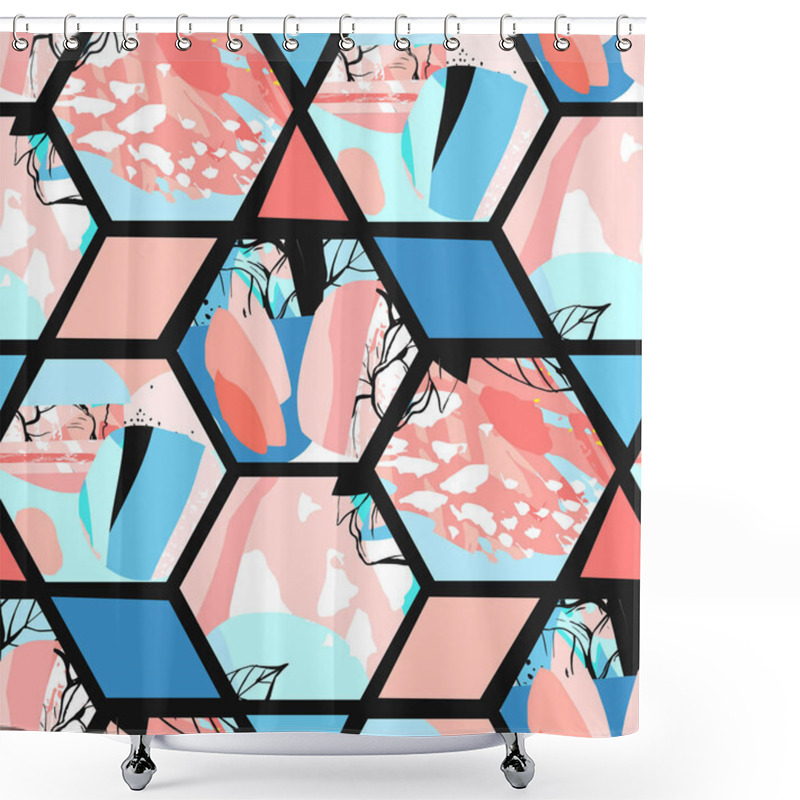 Personality  Hand Drawn Vector Artistic Universal Textured Abstract Seamless Pattern With Hexagon Shapes,textures And Nature Floral Motifs In Pastel Colors Isolated On Black Background. Shower Curtains