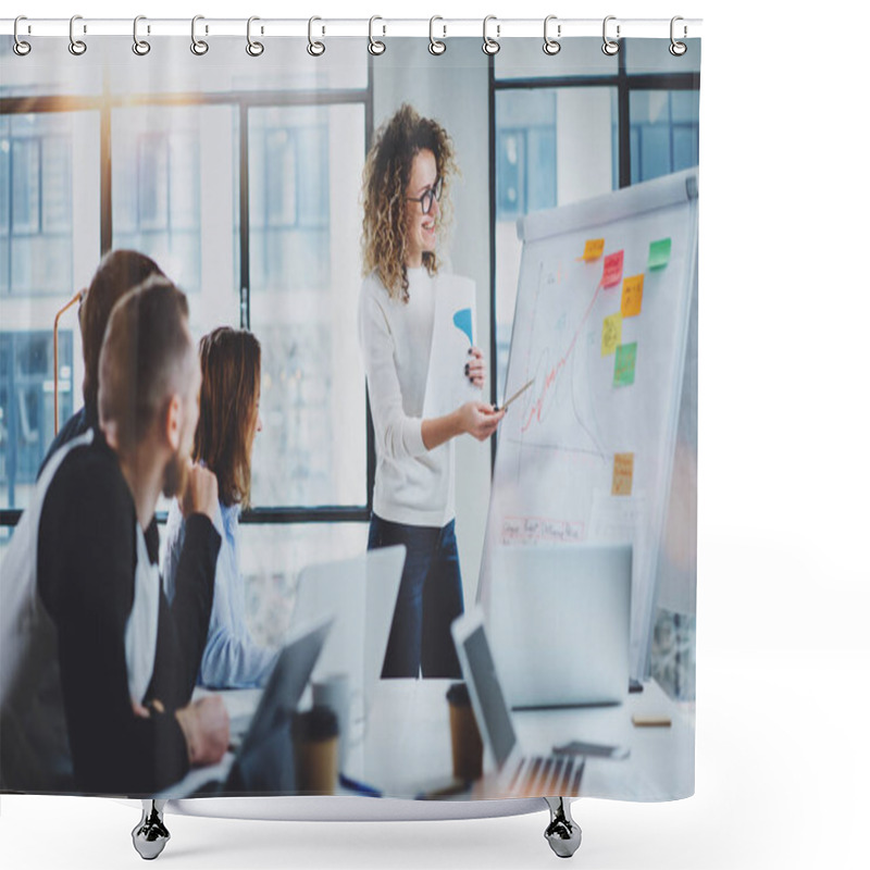 Personality  Coworkers Working Together On New Business Presentation At Sunny Meeting Room.Horizontal.Blurred Background. Shower Curtains