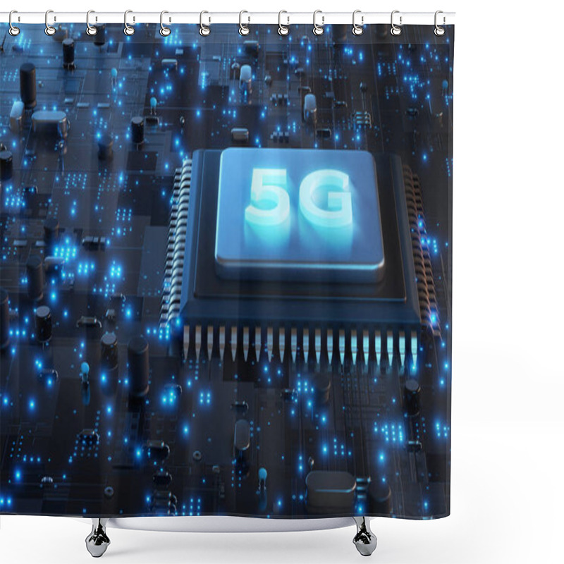 Personality  5G Network Processor 3D Rendering, Computer Mother Board Chip With 5G Logo And Glowing Circuit Background, Central Computer Processors CPU, 5G Technology Concept. Shower Curtains