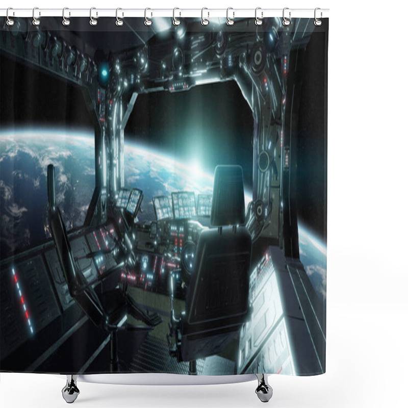 Personality  Spaceship Grunge Interior Control Room With View On Space 3D Ren Shower Curtains