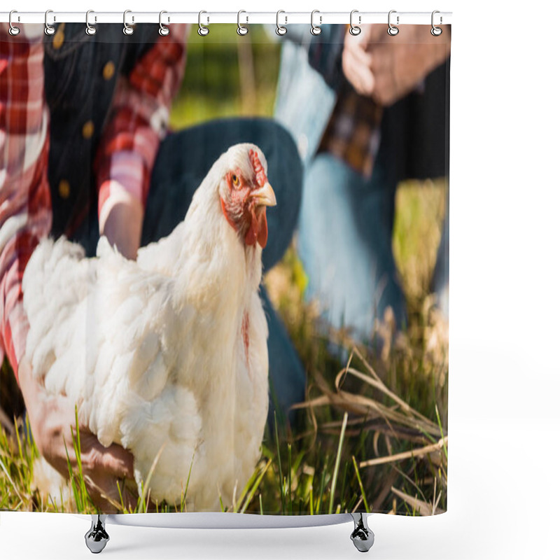 Personality  Cropped Image Of Couple Of Farmers Sitting On Grass With Chicken Outdoors  Shower Curtains